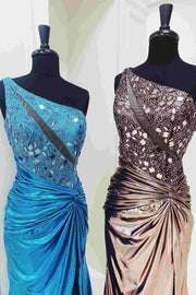 One Shoulder Mermaid Mirror-Cut Sequins Pleated Long Formal Prom Dress