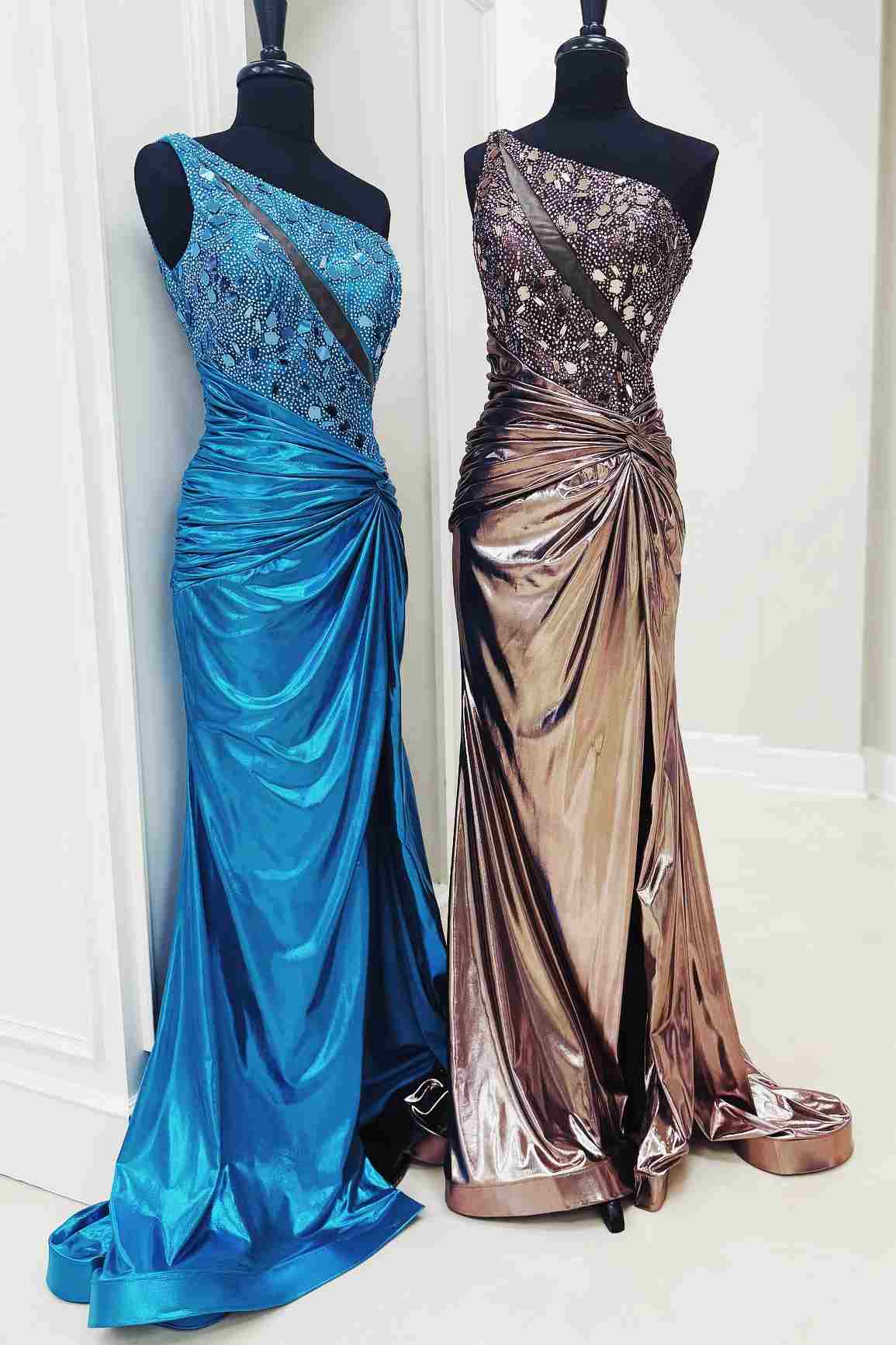 One Shoulder Mermaid Mirror-Cut Sequins Pleated Long Formal Prom Dress