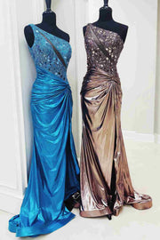 One Shoulder Mermaid Mirror-Cut Sequins Pleated Long Formal Prom Dress