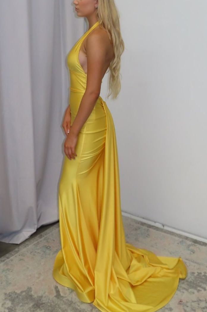 Yellow Halter V-Neck Pleated Satin Mermaid Long Prom Formal Dress