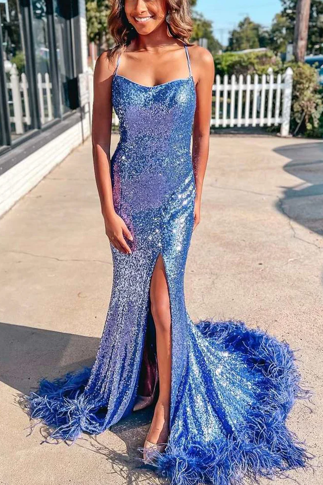 Mermaid Sequined Spaghetti Straps Side Slit Long Prom Dress with Feathers