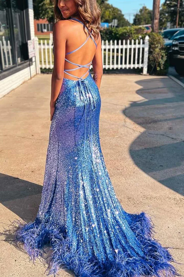 Mermaid Sequined Spaghetti Straps Side Slit Long Prom Dress with Feathers