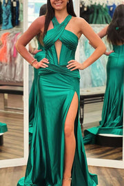 Halter Mermaid Pleated Keyhole Satin High Slit Long Formal Prom Dress