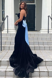 Elegant Mermaid V-Neck Spaghetti Straps Velvet Formal Prom Dress with Bow