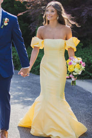 Yellow Satin Strapless Mermaid Pleated Long Formal Prom Dress with Sleeves