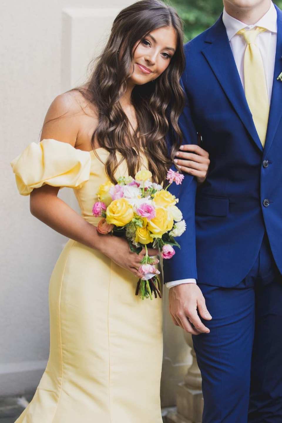 Yellow Satin Strapless Mermaid Pleated Long Formal Prom Dress with Sleeves