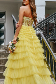 A-Line Strapless Ruffles Yellow Tulle Tiered Sleeveless Long Prom Dress