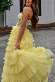 A-Line Strapless Ruffles Yellow Tulle Tiered Sleeveless Long Prom Dress