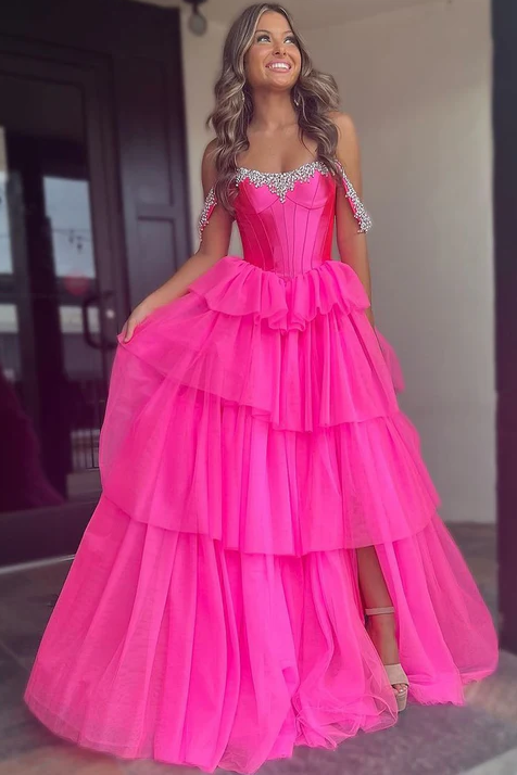 Hot Pink Off-Shoulder Tiered Tulle Pleated Long Formal Prom Dress with Beads