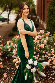 Elegant Green Mermaid Beading Straps Velvet Long Formal Prom Dress