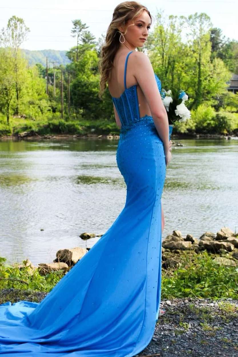 Blue Spaghetti Straps V-Neck Rhinestones Mermaid Long Prom Dress with Slit