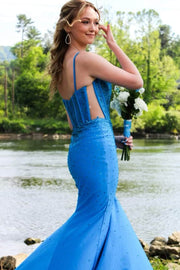 Blue Spaghetti Straps V-Neck Rhinestones Mermaid Long Prom Dress with Slit