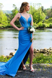 Blue Spaghetti Straps V-Neck Rhinestones Mermaid Long Prom Dress with Slit