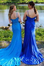 Blue Spaghetti Straps V-Neck Rhinestones Mermaid Long Prom Dress with Slit