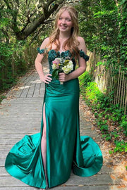 Off-Shoulder 3D Floral Mermaid Pleated Green Formal Prom Dress with Train