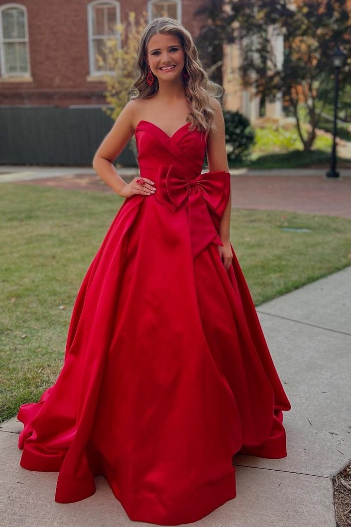 Red Strapless A-Line Empire-Waist Satin Pleated Formal Prom Dress with Bow