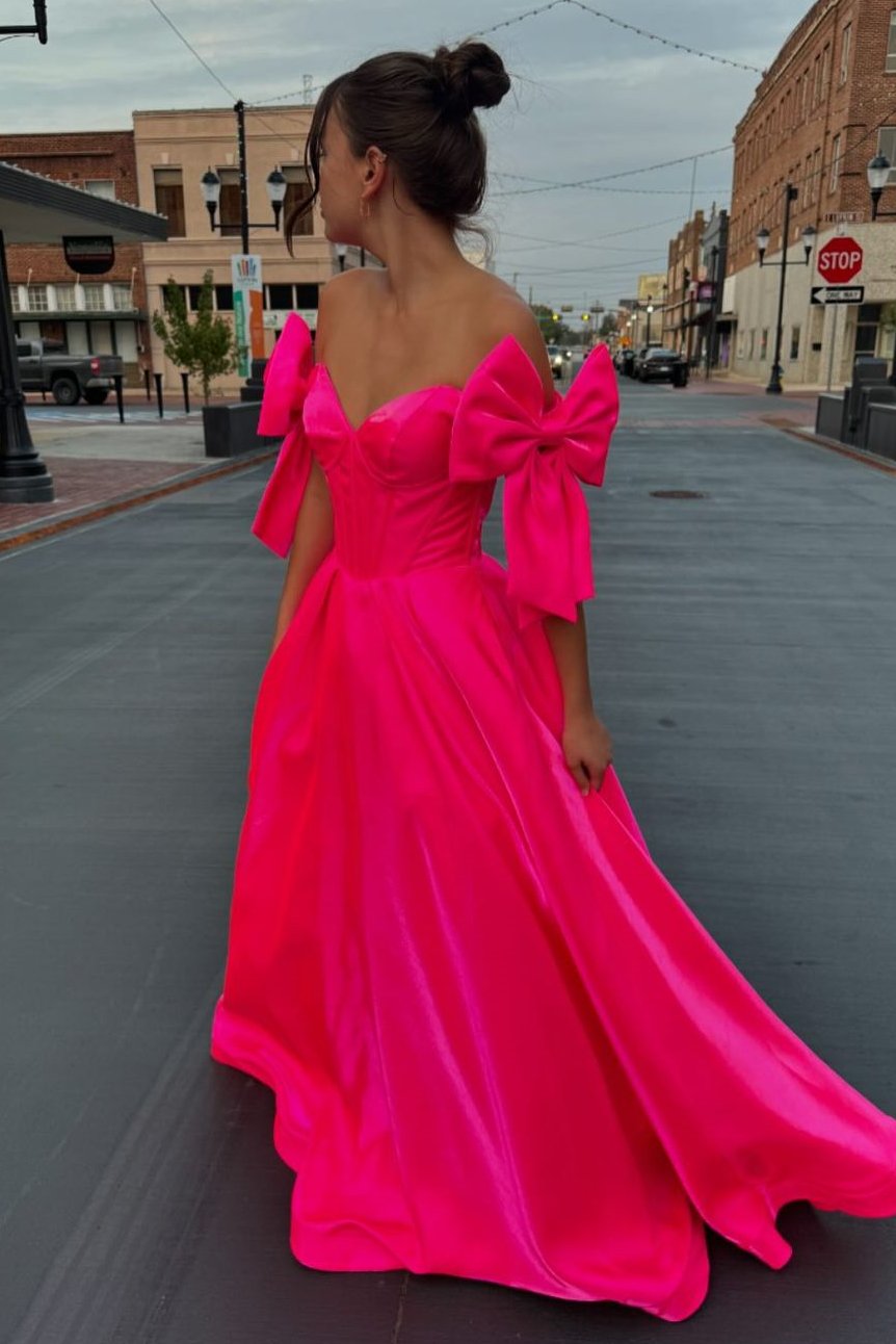 Classy Off-Shoulder Bow A-Line Pleated Empire-Waist Prom Dress