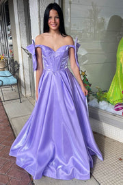 Classy Off-Shoulder Bow A-Line Pleated Empire-Waist Prom Dress