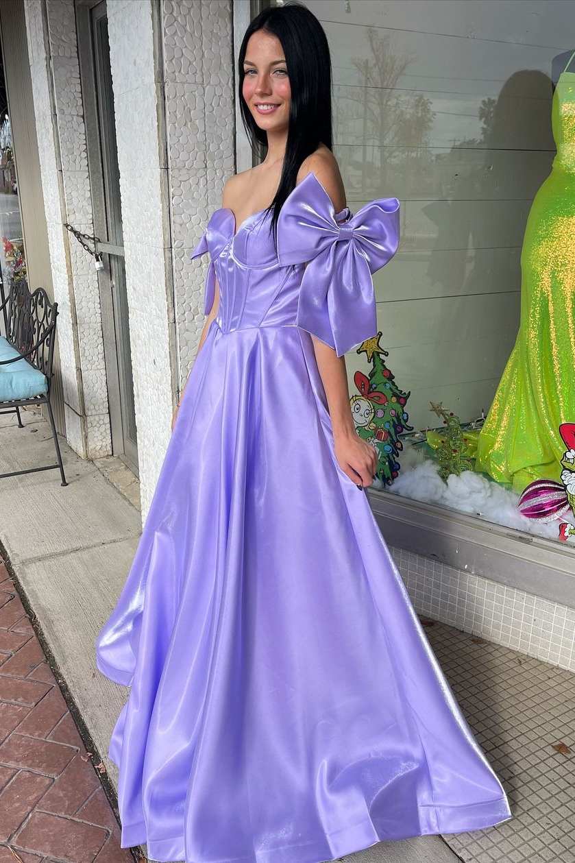 Classy Off-Shoulder Bow A-Line Pleated Empire-Waist Prom Dress