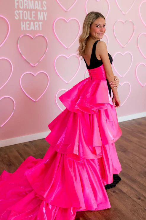 A-Line V-Neck Long Tiered Train Pleated Empire-Waist Formal Prom Dress