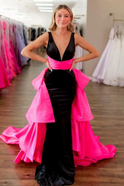 A-Line V-Neck Long Tiered Train Pleated Empire-Waist Formal Prom Dress