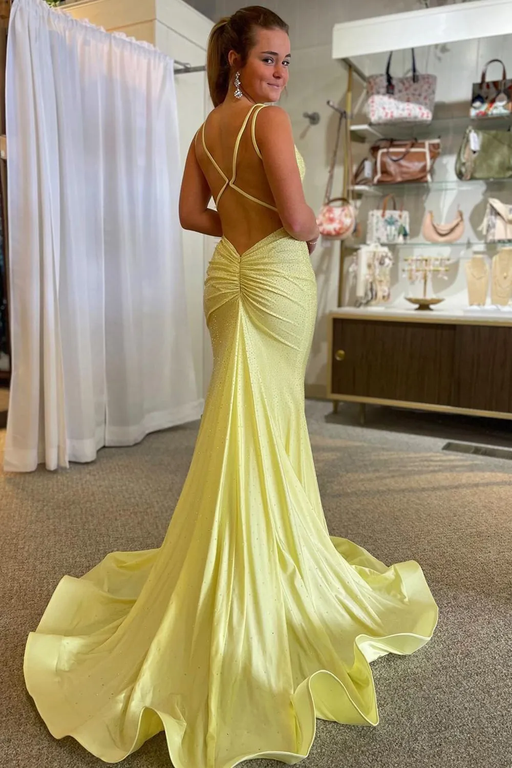 Sexy Mermaid Beading V-Neck Pleated Long Formal Prom Dress with Train