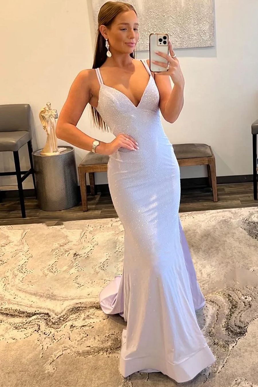 Sexy Mermaid Beading V-Neck Pleated Long Formal Prom Dress with Train