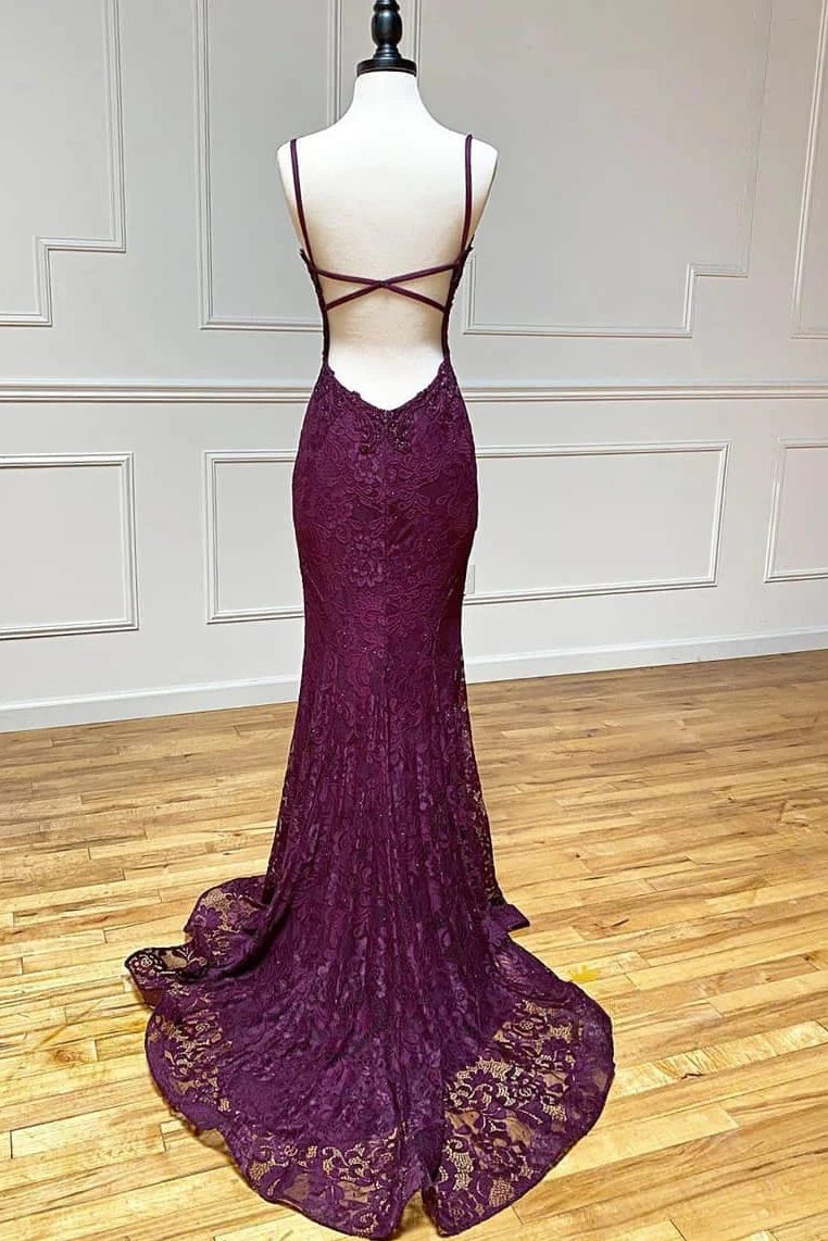 Lace Spaghetti Straps V-Neck Mermaid Formal Prom Dress with Slit