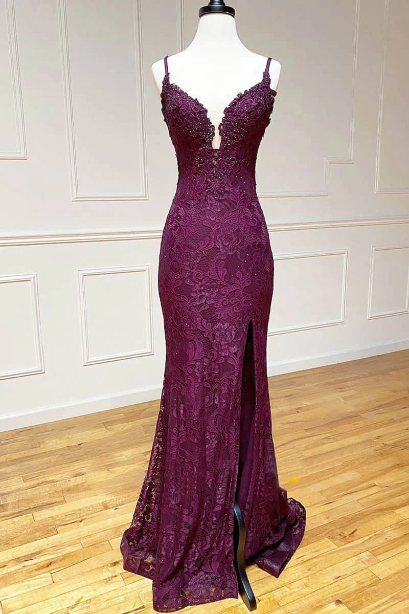 Lace Spaghetti Straps V-Neck Mermaid Formal Prom Dress with Slit