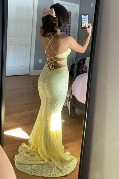 Yellow Spaghetti Straps V-Neck Lace Mermaid Formal Prom Dress with Slit