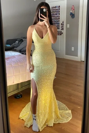 Yellow Spaghetti Straps V-Neck Lace Mermaid Formal Prom Dress with Slit