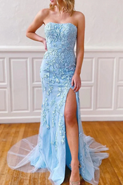 Strapless Lace Appliques Mermaid Scoop Side Slit Long Prom Dress