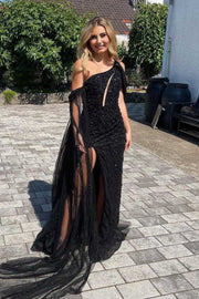 Black One Shoulder Beading High Slit Long Formal Prom Dress