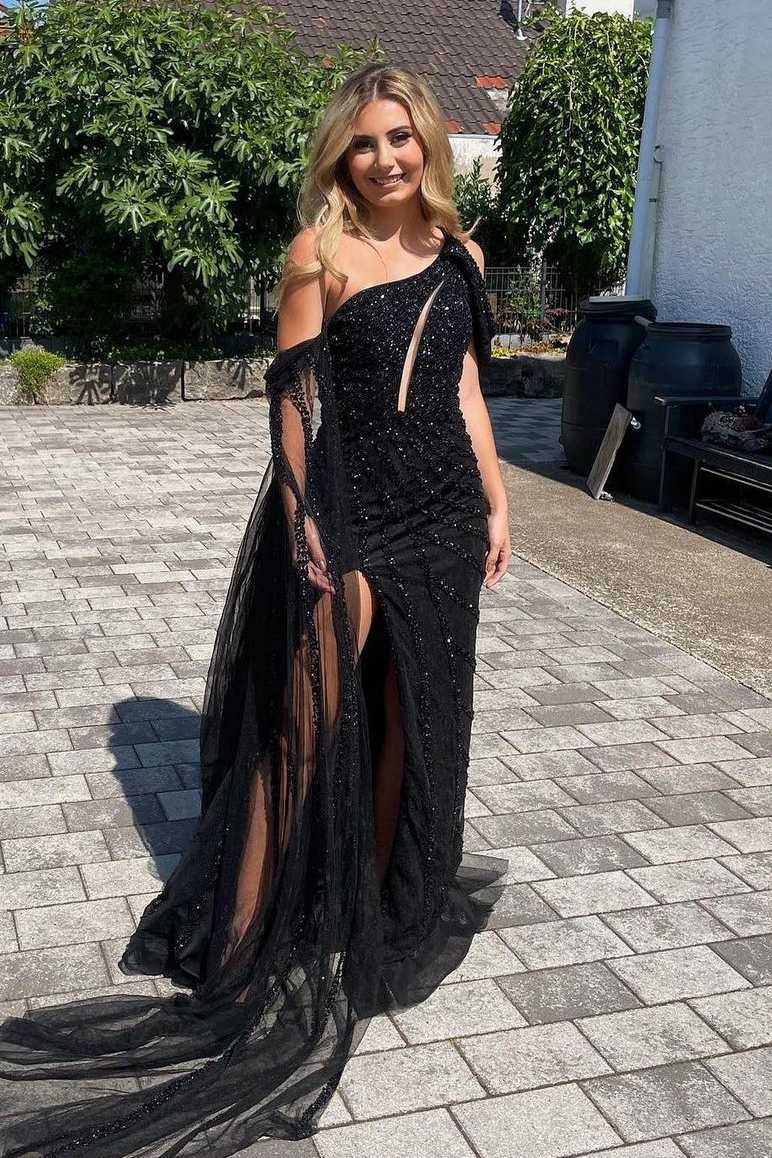 blue dress for baby girl Black A-Line One-Shoulder Appliques Tulle Long Prom Dresses