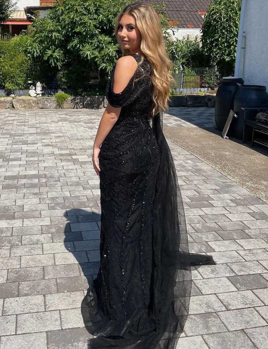 Black One Shoulder Beading High Slit Long Formal Prom Dress