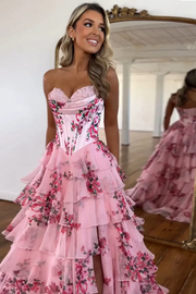 Pink Strapless A-Line Printing Tiered Chiffon Floral Long Prom Dress