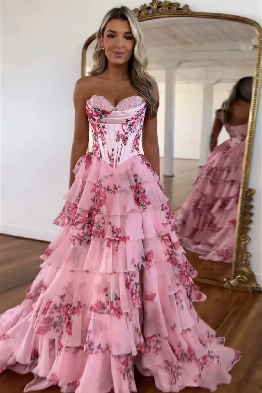 Pink Strapless A-Line Printing Tiered Chiffon Floral Long Prom Dress