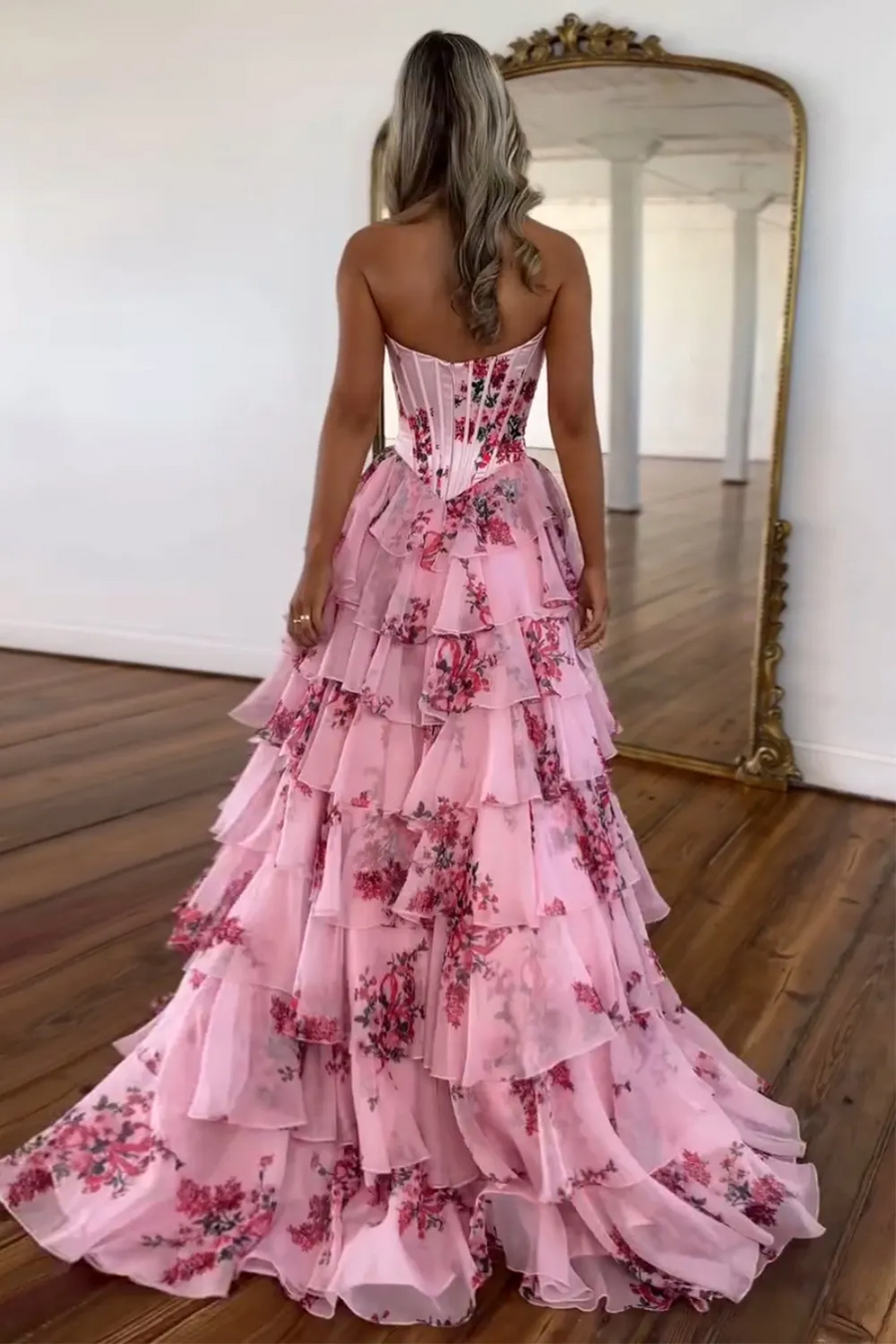 Pink Strapless A-Line Printing Tiered Chiffon Floral Long Prom Dress