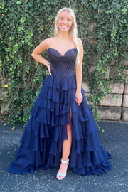 A-Line Strapless V-Neck Tiered Empire-Waist Long Prom Dress