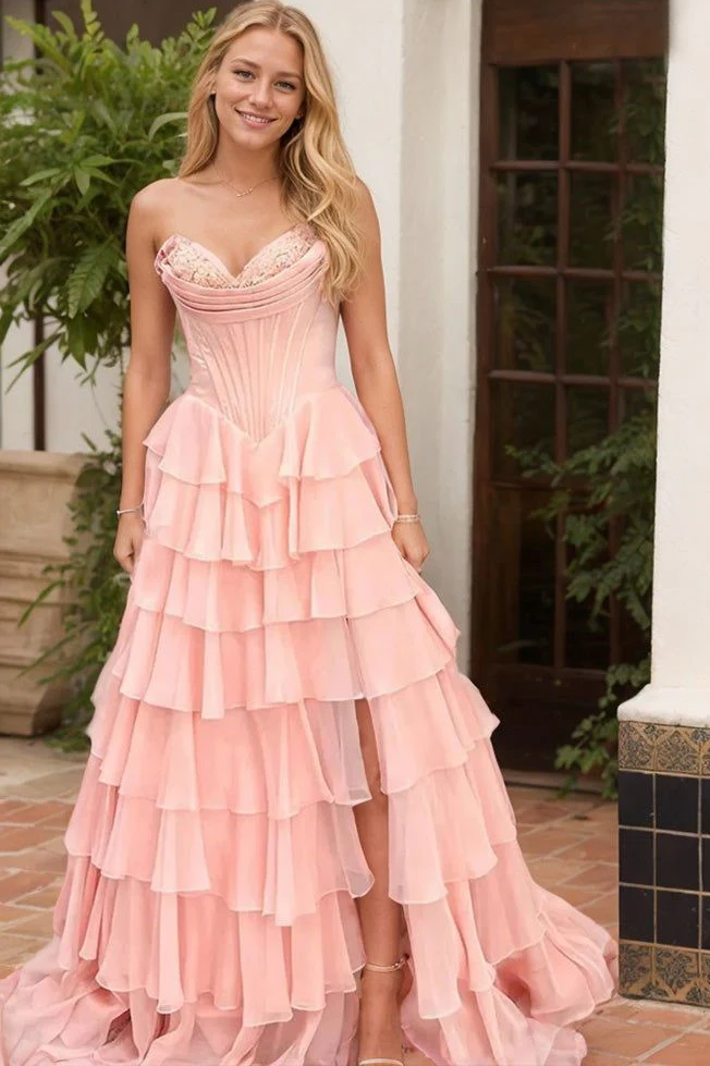 A-Line Strapless V-Neck Tiered Empire-Waist Long Prom Dress