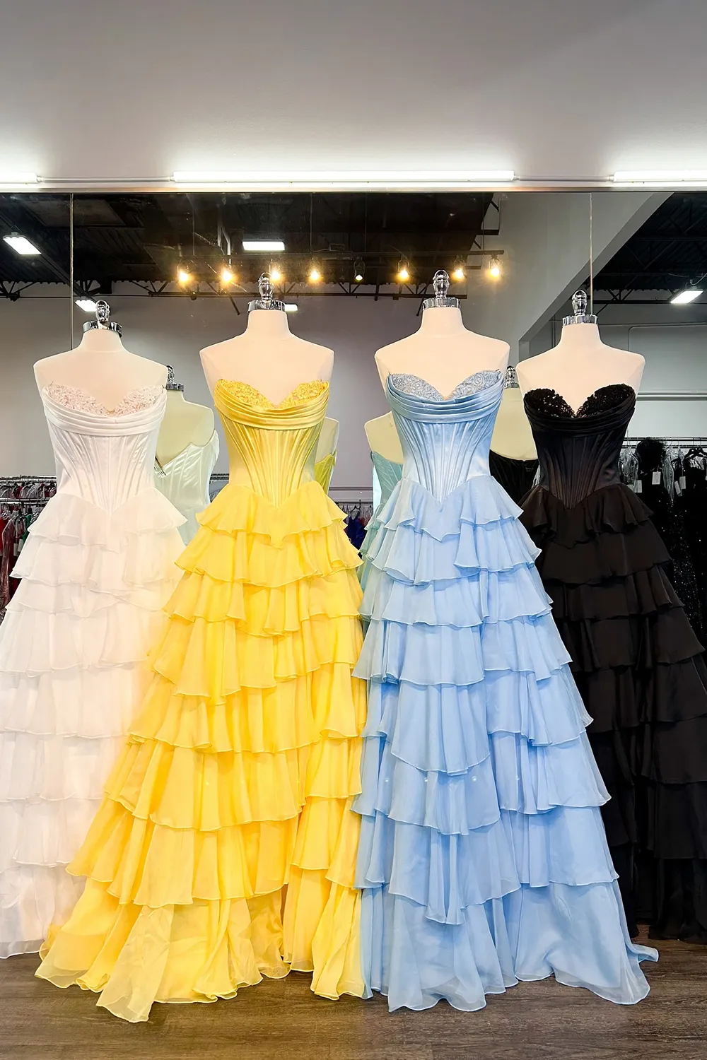 A-Line Strapless V-Neck Tiered Empire-Waist Long Prom Dress  Modsele