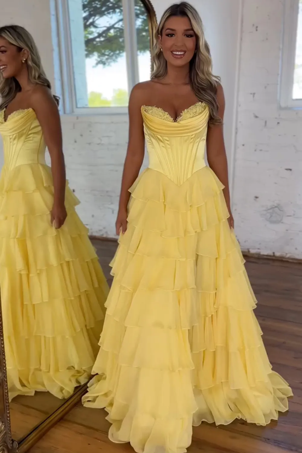 A-Line Strapless V-Neck Tiered Empire-Waist Long Prom Dress