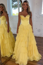 A-Line Strapless V-Neck Tiered Empire-Waist Long Prom Dress