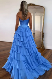 A-Line Strapless V-Neck Tiered Empire-Waist Long Prom Dress