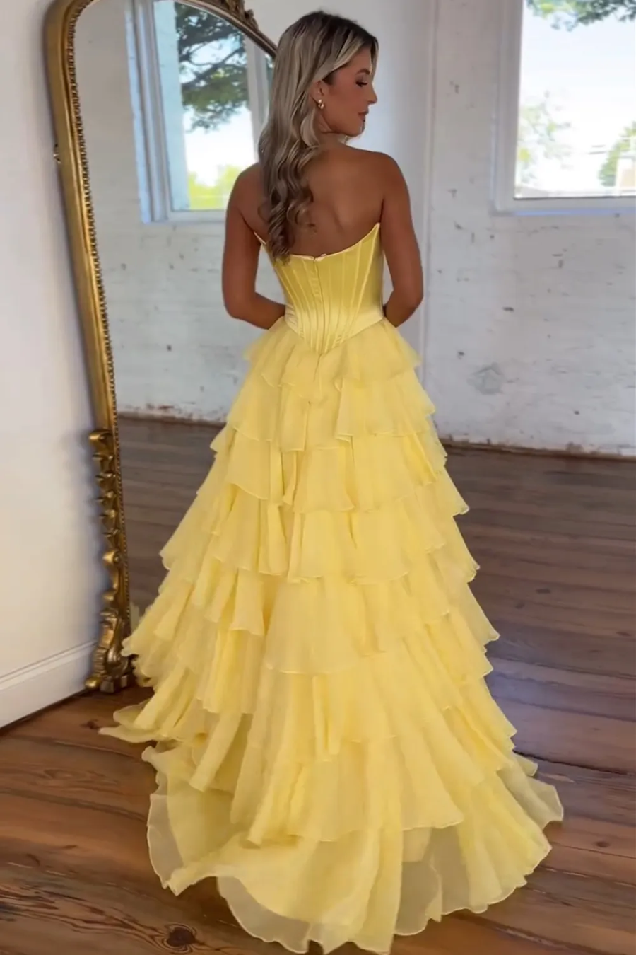 A-Line Strapless V-Neck Tiered Empire-Waist Long Prom Dress