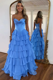 A-Line Strapless V-Neck Tiered Empire-Waist Long Prom Dress