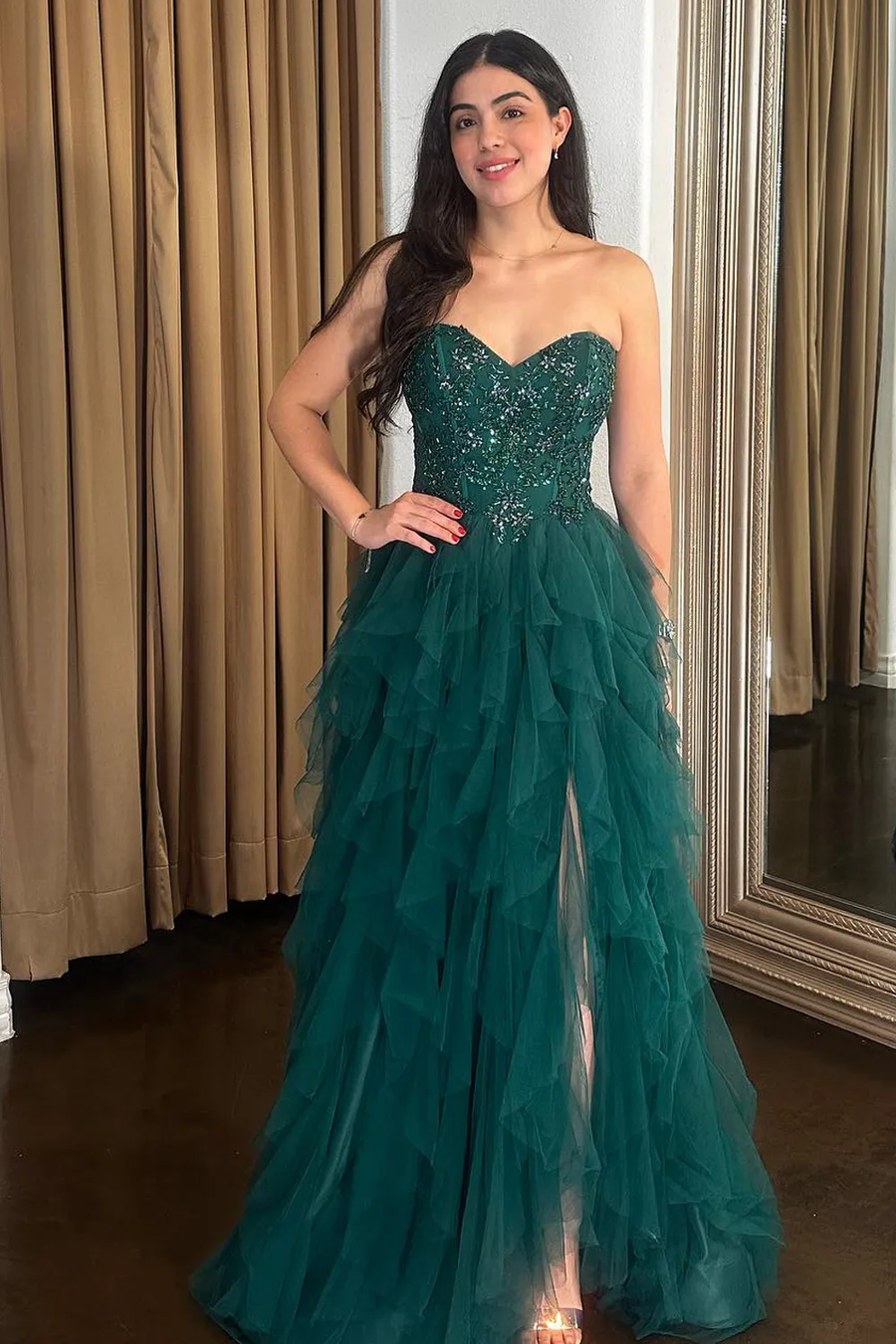 Strapless A-Line Sweetheart Appliques Ruffles Tulle Green Prom Dress with Slit