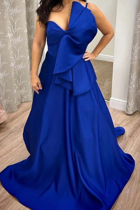 Royal Blue One Shoulder A-Line Satin Long Formal Prom Dress with Big Bow