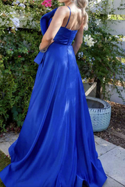 Royal Blue One Shoulder A-Line Satin Long Formal Prom Dress with Big Bow