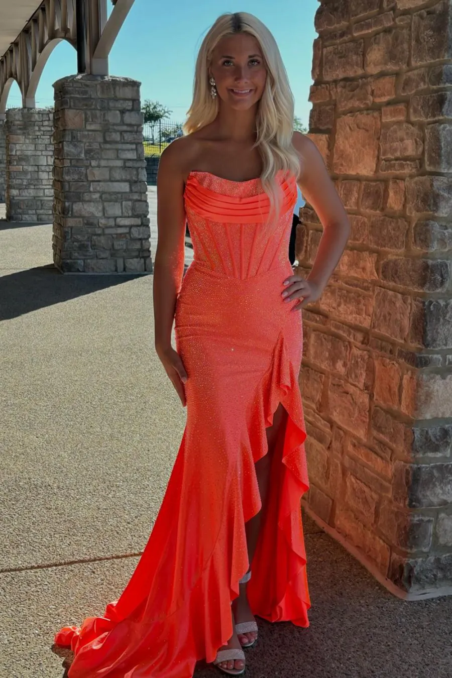 Strapless Scoop Beading Ruffles Side Slit Mermaid Long Prom Dress